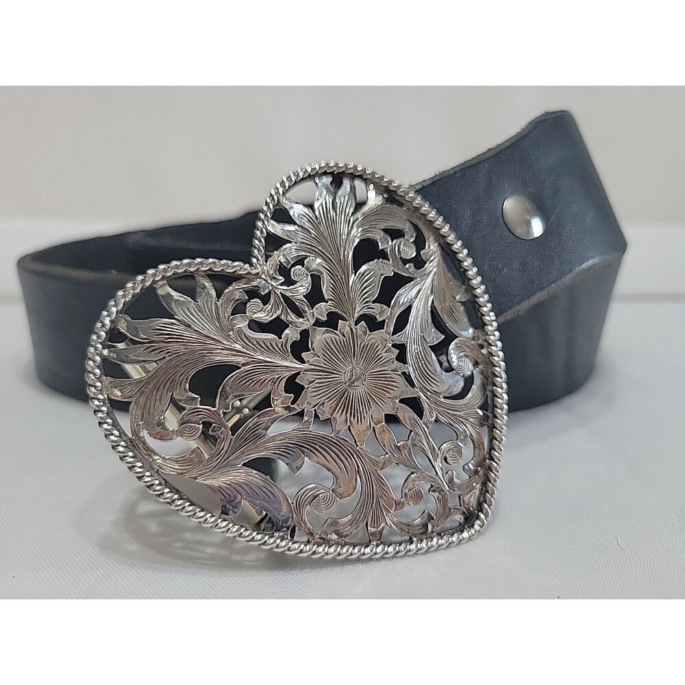 Vintage VOGT Sterling Silver Heart Filigree Belt Buckle Set Black Leather 41"